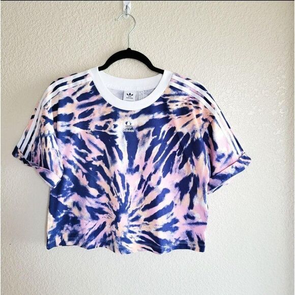 Adidas Womens Top Blue L 3 Stripe Tie Dye Crop Top Crew Neck Pink New - Picture 4 of 7